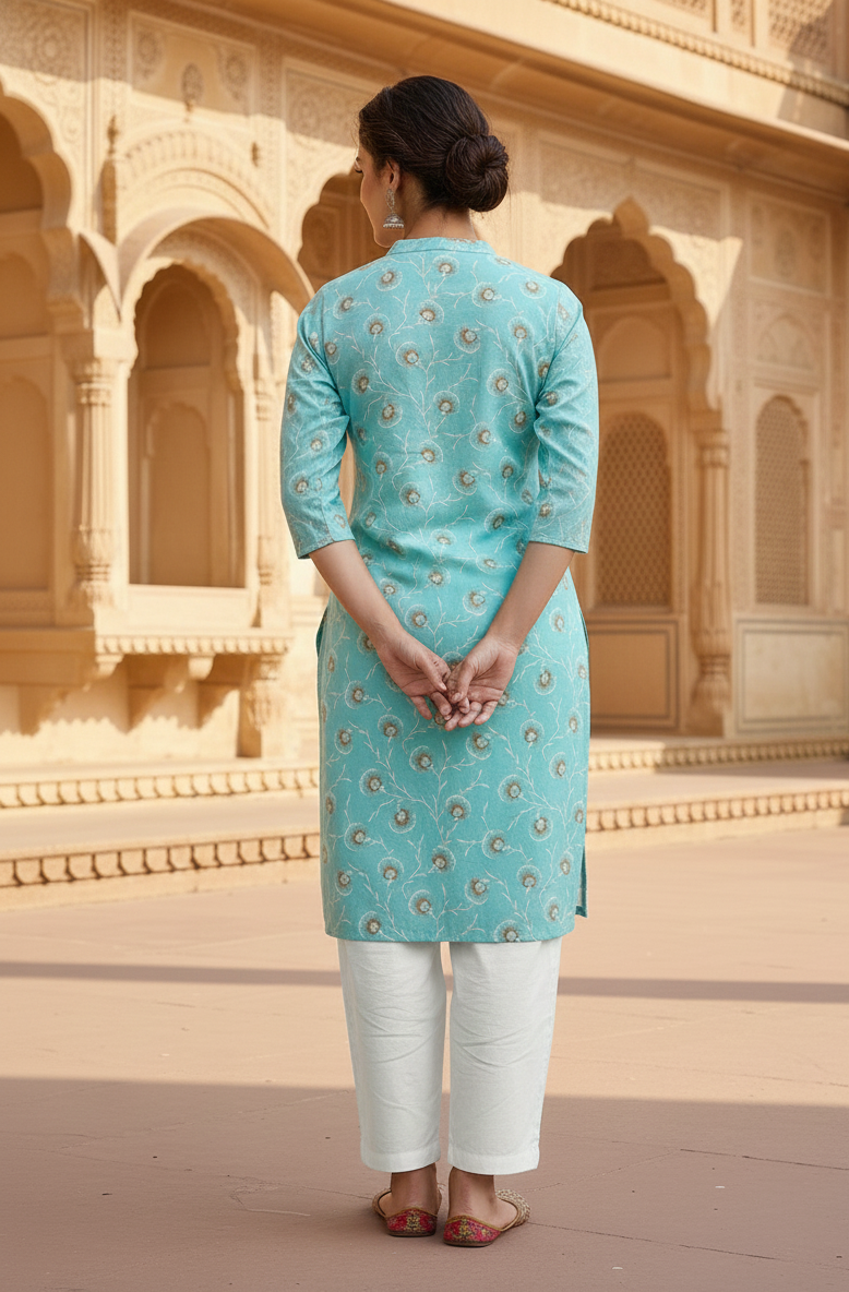 Elegant Sky Blue Printed Kurta – Casual & Ethnic Wear