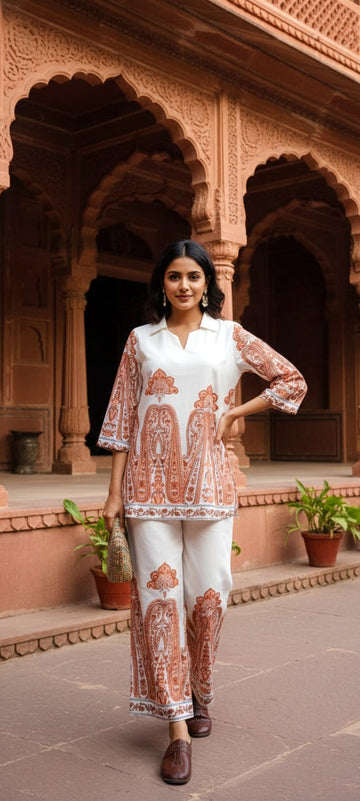 White & Rust Printed Cotton Co-Ord Set