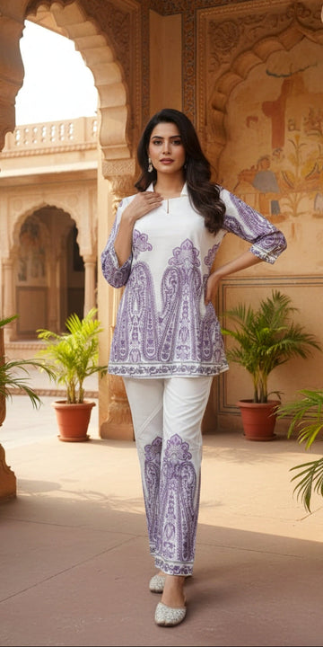 White & Lavender Printed Cotton Co-Ord Set