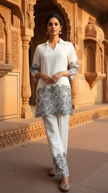 Elegant White Co-Ord Set with Black Floral Border Print | Straight Fit Ethnic Wear