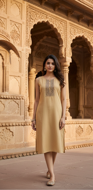 Mustard Yellow Sleeveless Straight Kurti with Embroidered Yoke