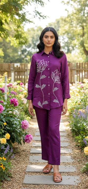 Women’s Purple Floral Embroidered Kurta Co-Ord Set | Shirt Style Tunic with Straight Pants