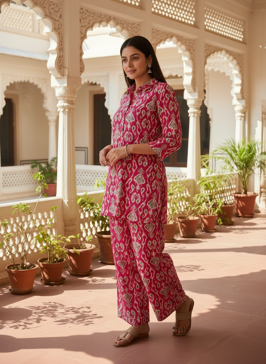 Elegant Pink Cotton Printed Co-Ord Set for Women