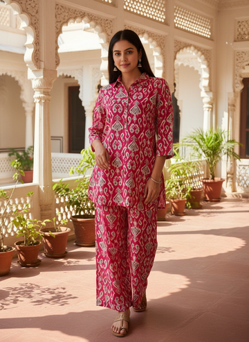 Elegant Pink Cotton Printed Co-Ord Set for Women