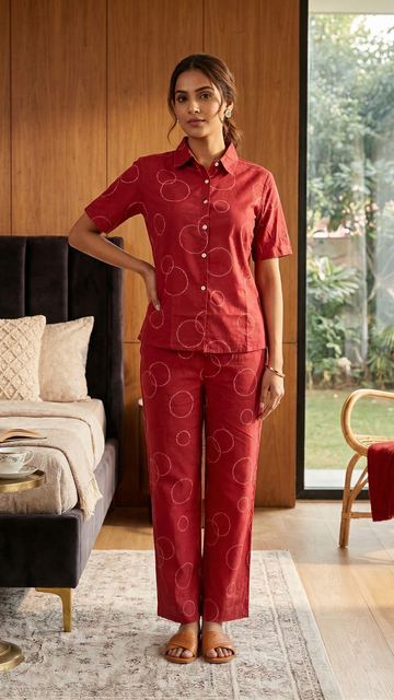 Crimson Halo Cotton Co-ord Set – Elevated Everyday Lounge Ensemble