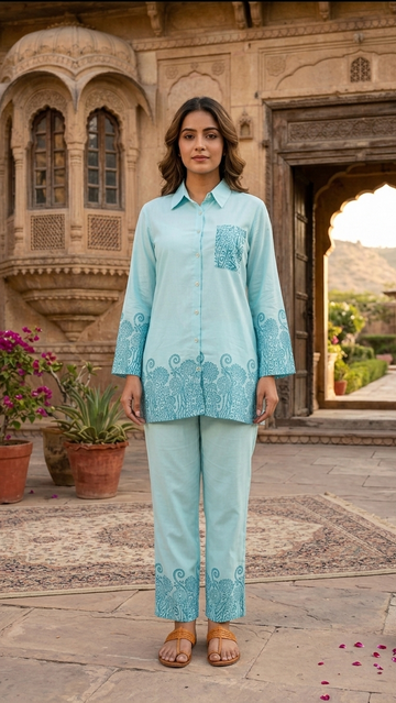 Aqua Grace Cotton Co-ord Set – Intricate Border Print Ensemble