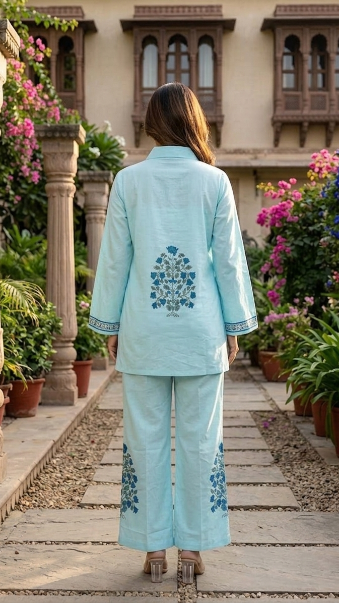 Aqua Bloom Cotton Co-ord Set – Floral Motif Relaxed Ensemble