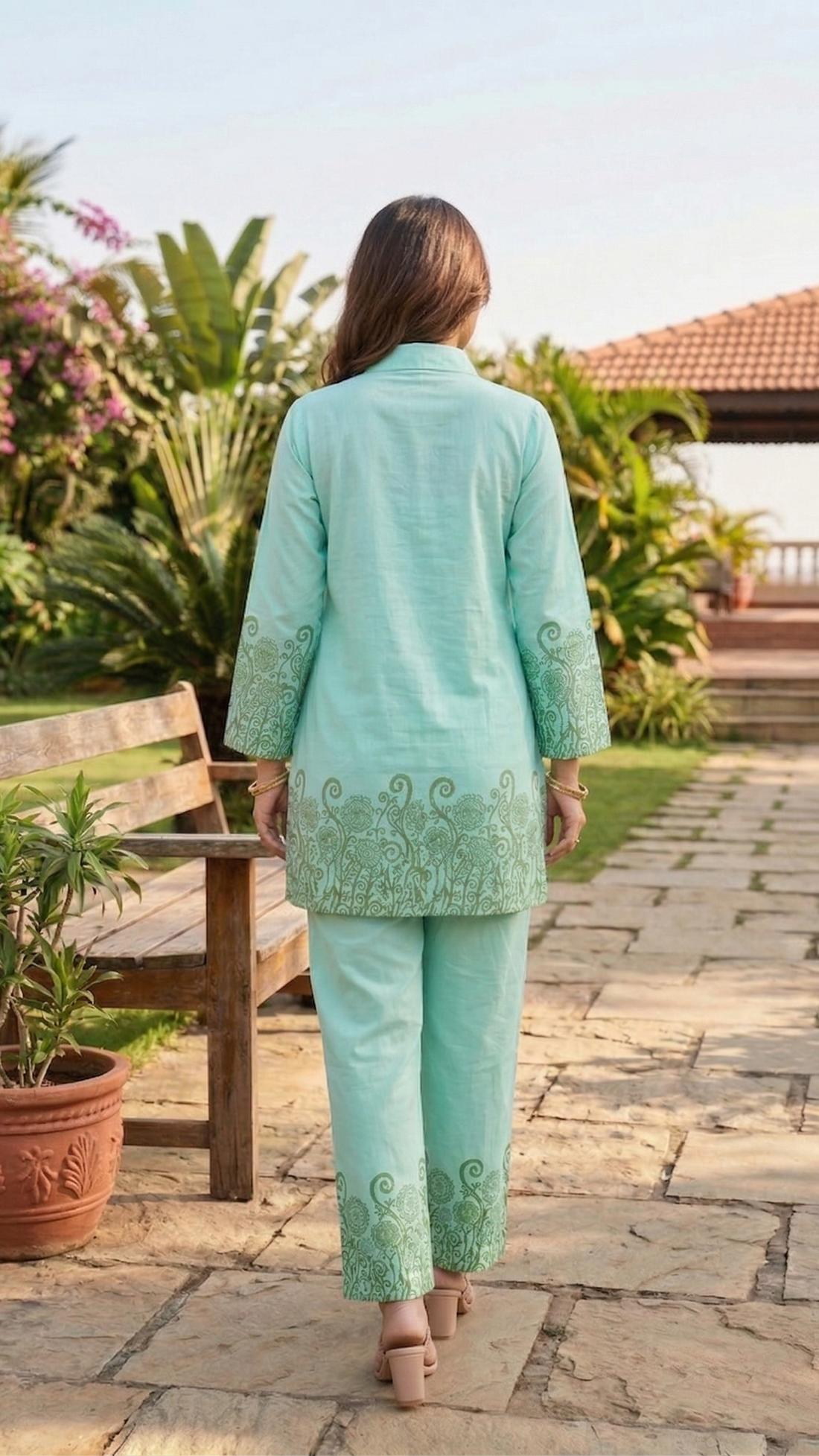 Mint Meadow Cotton Co-ord Set – Elegant Border Print Ensemble