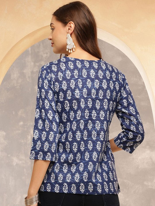 Indigo Charm Cotton Tunic Top – Navy Blue with White Handblock Print