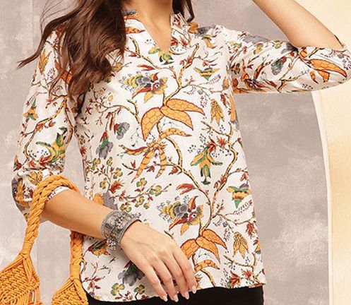 Vintage Garden Cotton Tunic Top – Off-White with Autumn Floral Print