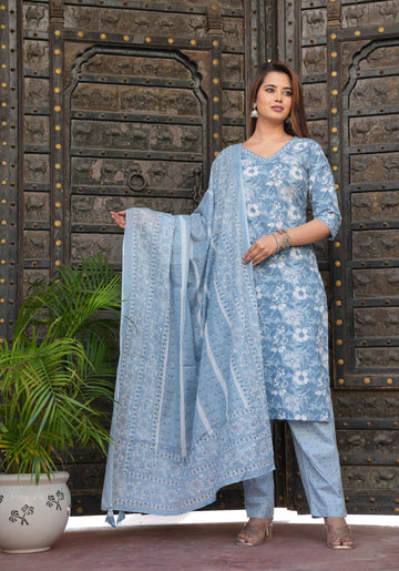 Blue Floral Printed Cotton Suit Set