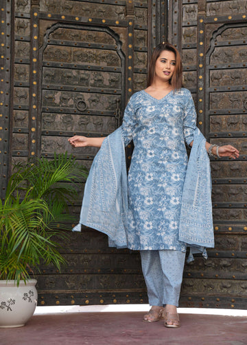 Elegant Sky Blue Printed Cotton Suit Set with Dupatta