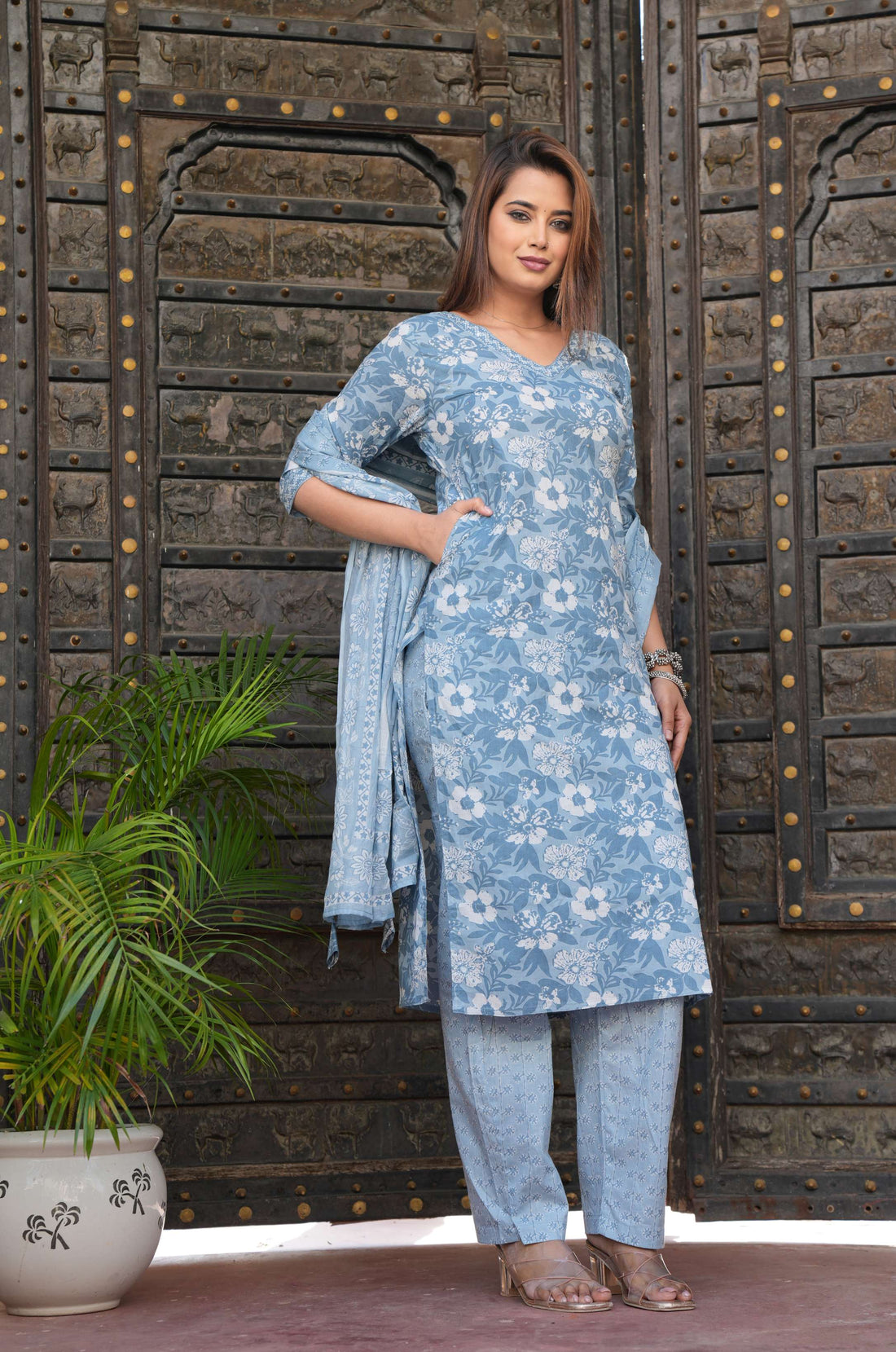 Elegant Sky Blue Printed Cotton Suit Set with Dupatta
