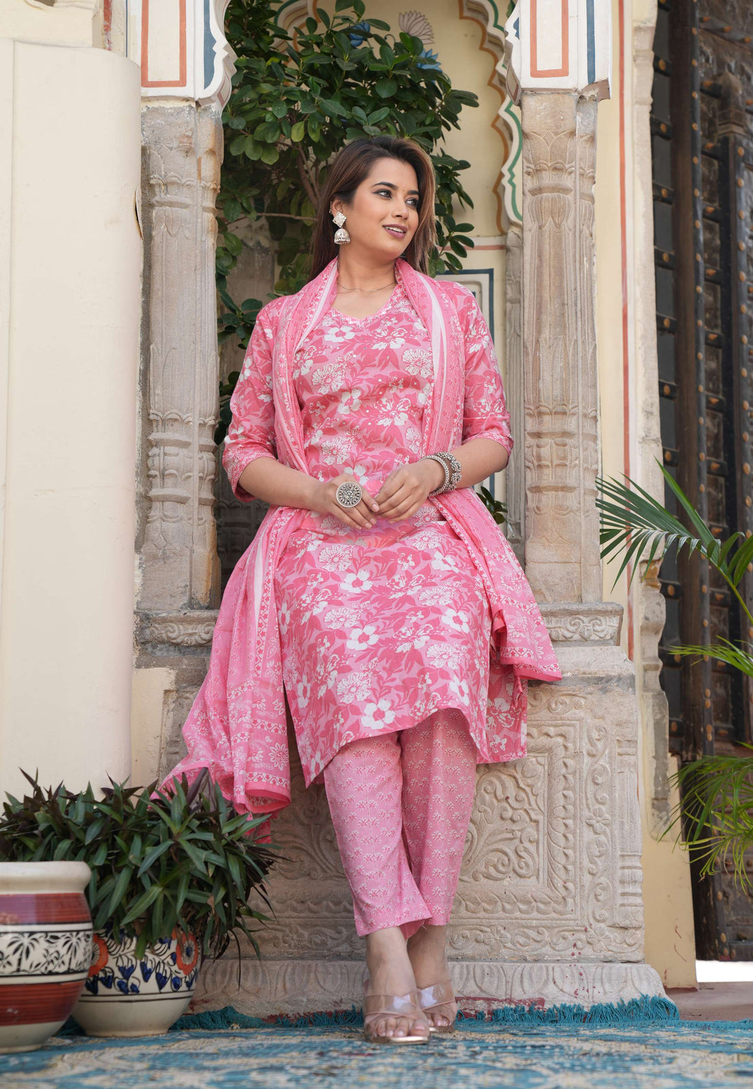 Elegant Pink Printed Cotton Suit Set with Dupatta