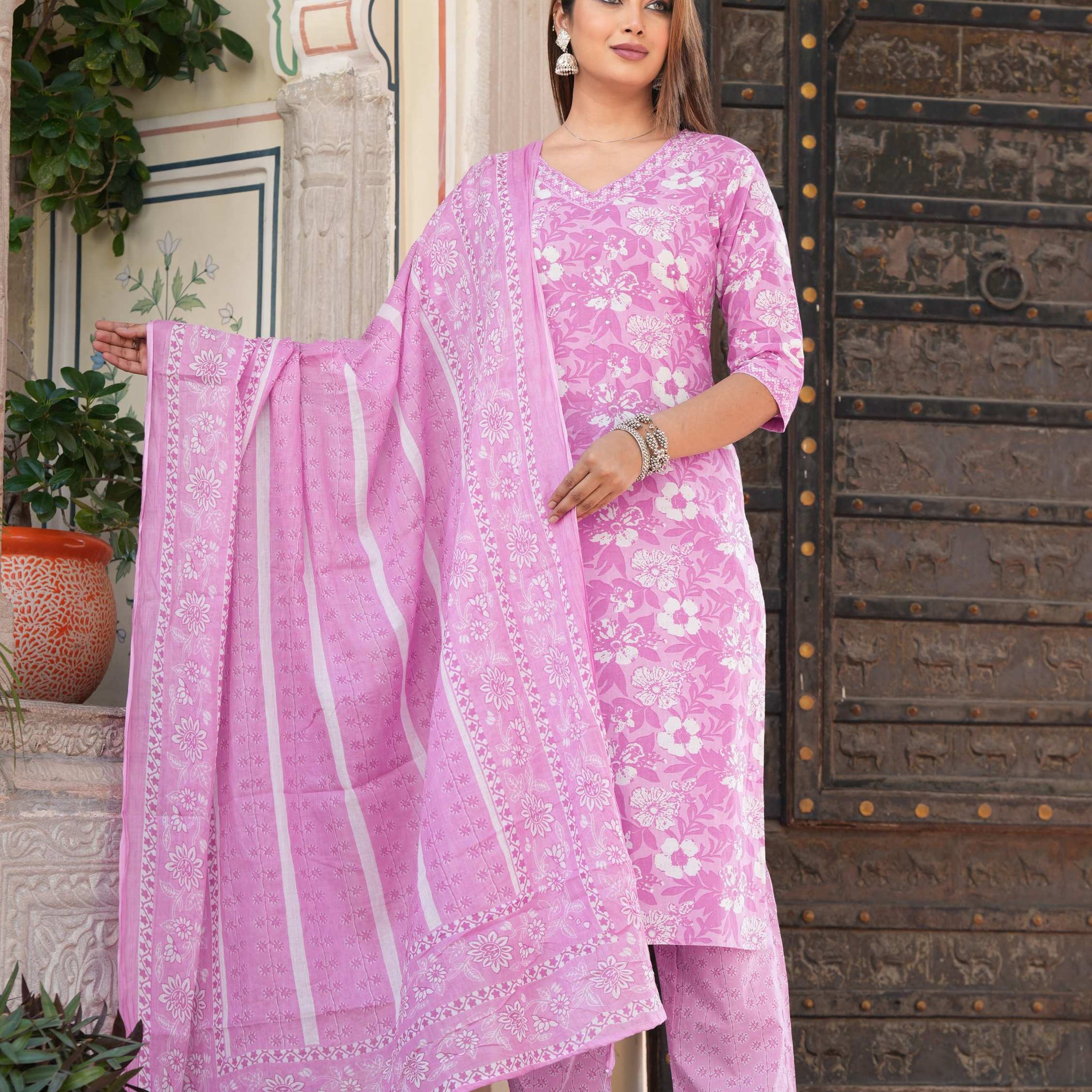 Purple Floral Printed Cotton Suit Set