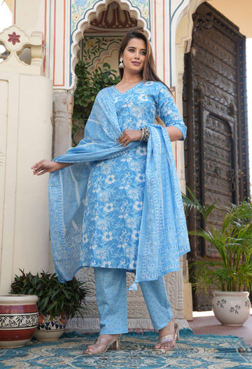 Elegant Sky Blue Printed Cotton Suit Set with Dupatta