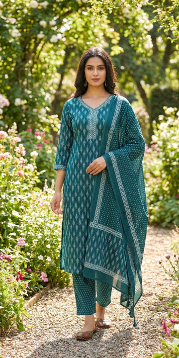 Green Printed Cotton Suit Set - Kurti, Pant & Dupatta