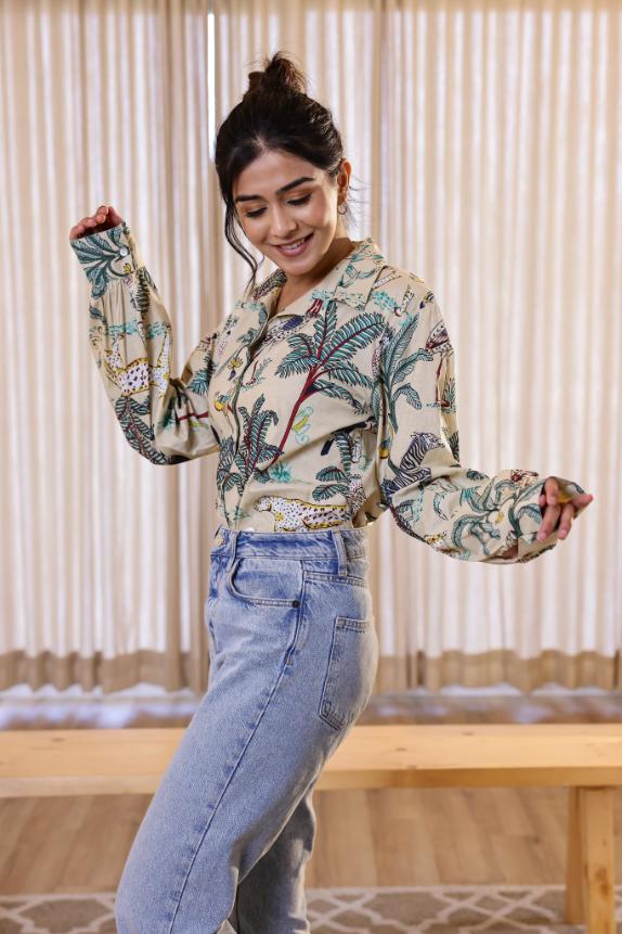 Women's Cream Safari Print Shirt - Wild & Chic | Women's Shirt | Shop stylish women's clothing online at Label Flavia |