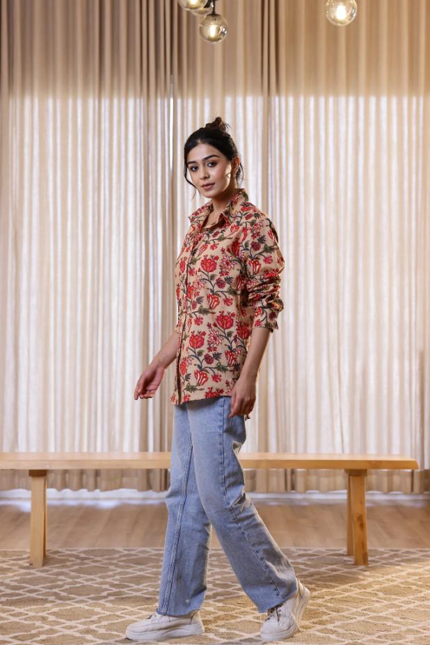 Women's Cream & Red Floral Print Shirt - Bold & Elegant | Women's Shirt | Shop stylish women's clothing online at Label Flavia |