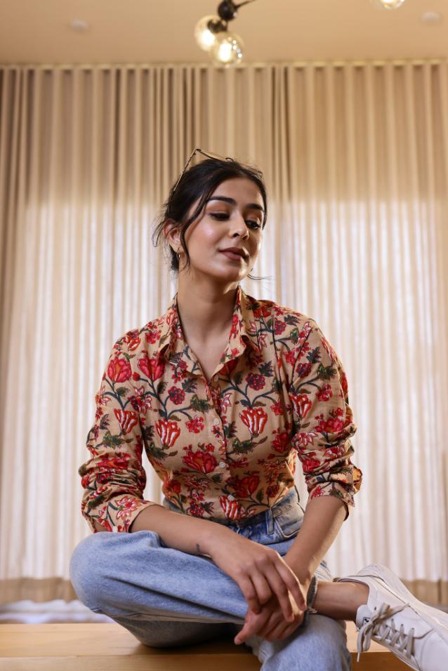 Women's Cream & Red Floral Print Shirt - Bold & Elegant | Women's Shirt | Shop stylish women's clothing online at Label Flavia |