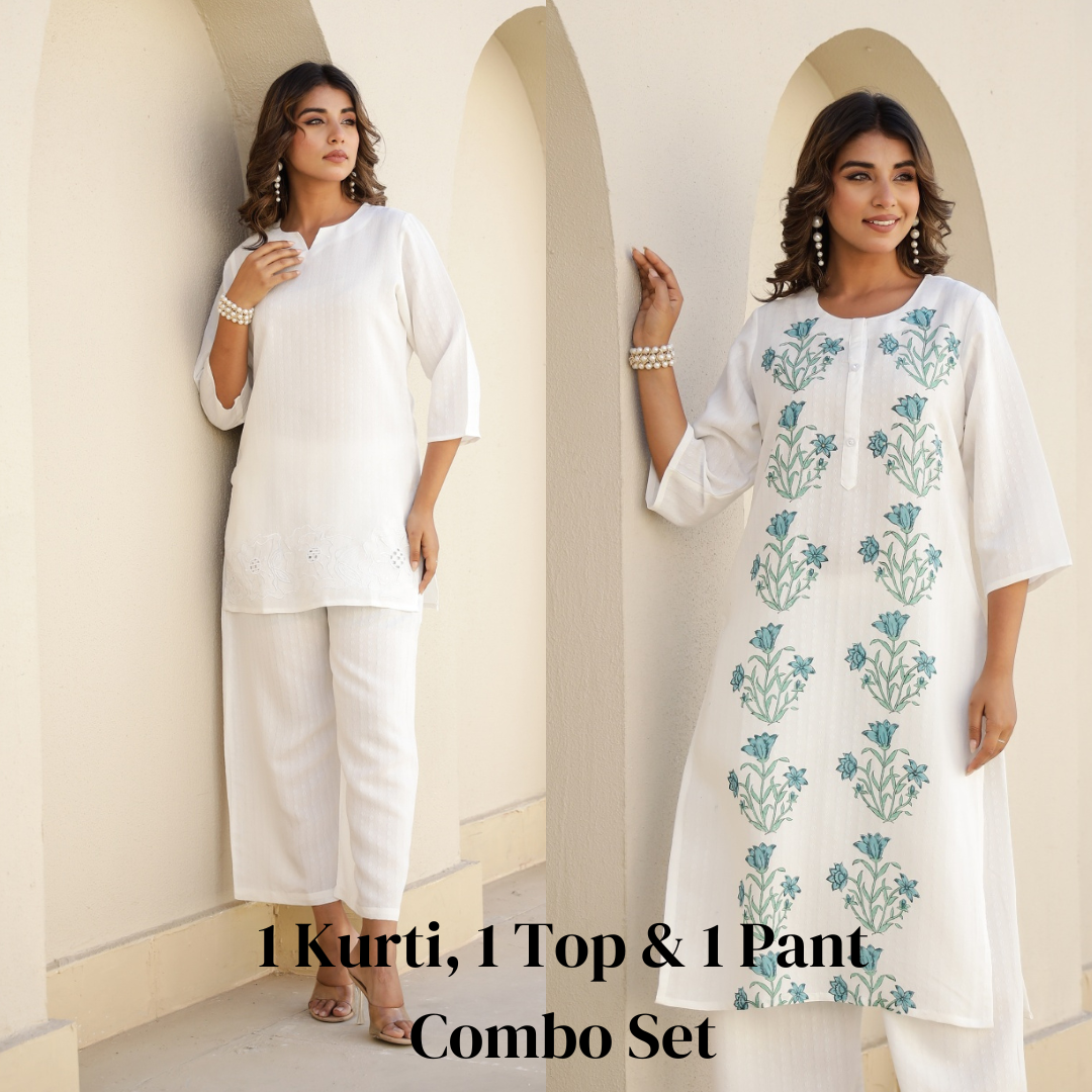 Elegant White Embroidered Co-Ord Set – Timeless & Sophisticated Three-Piece Combo Set | Label Fushia |