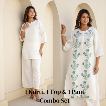 Elegant White Embroidered Co-Ord Set – Timeless & Sophisticated Three-Piece Combo Set | Label Fushia |