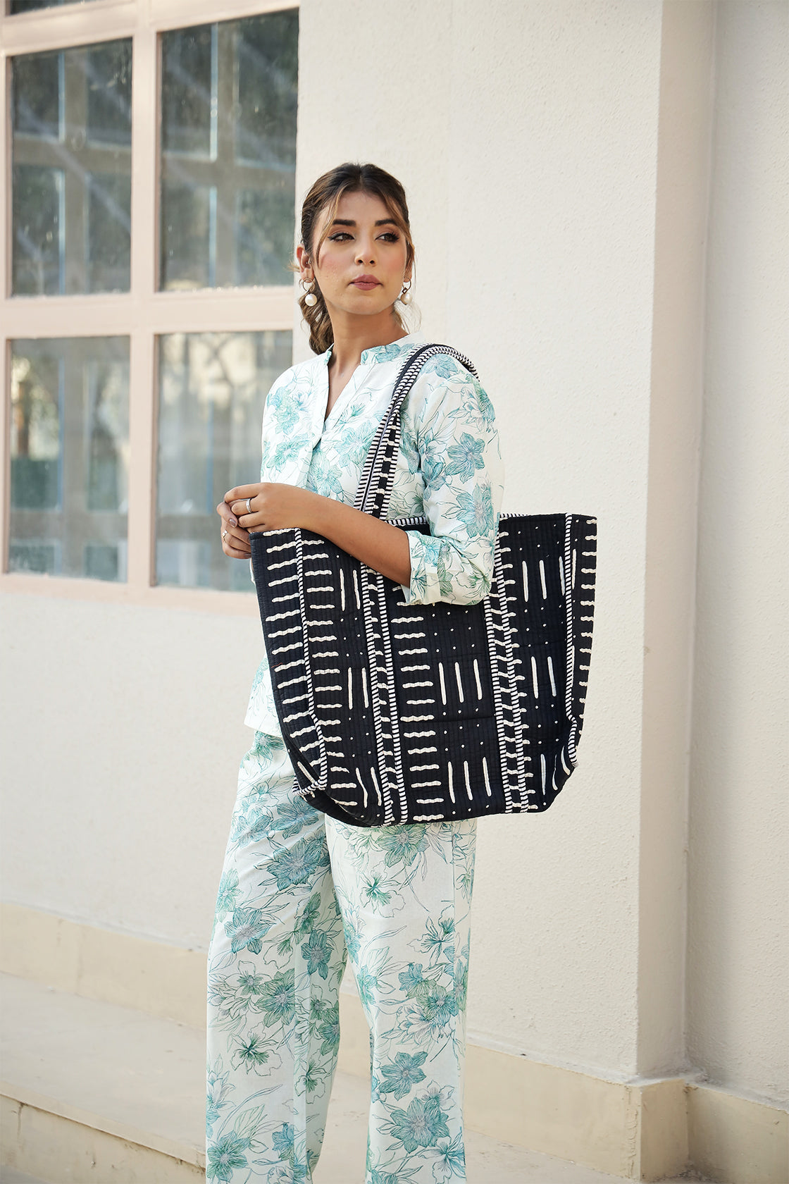 Handcrafted Black & White Cloth Tote Bag – Boho-Chic and Spacious