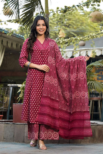 Red Floral Print 3-Piece Cotton Kurta Set – Festive & Chic