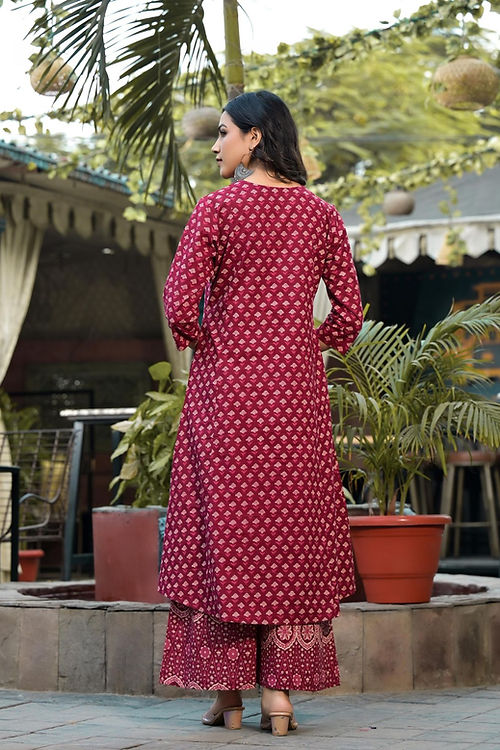 Red Floral Print 3-Piece Cotton Kurta Set – Festive & Chic
