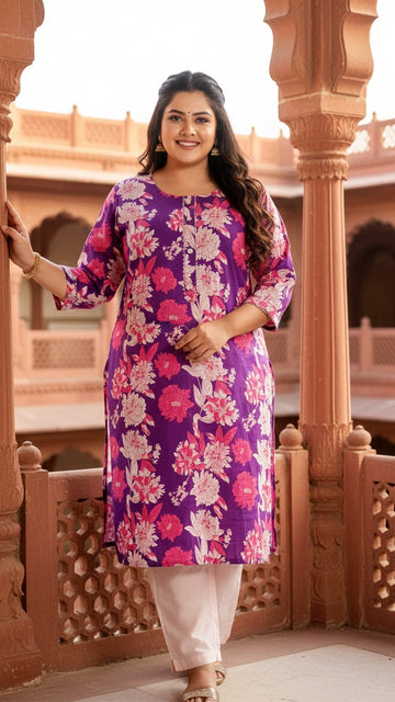 Plus Size Purple Floral Printed Kurta