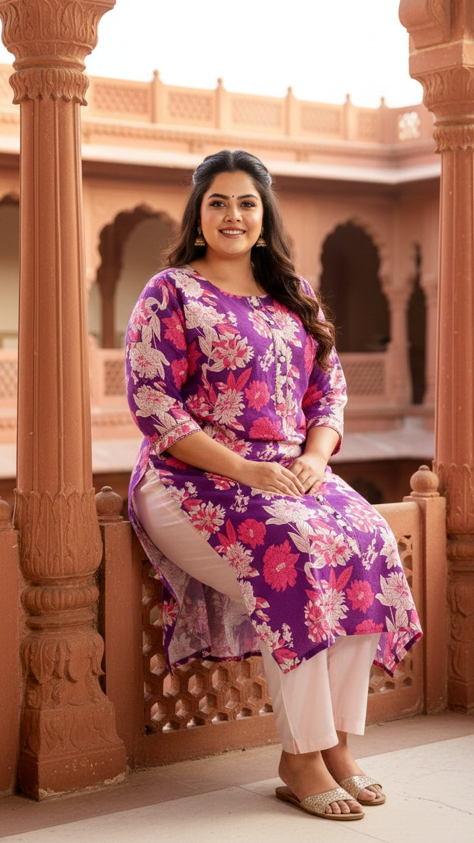 Plus Size Purple Floral Printed Kurta