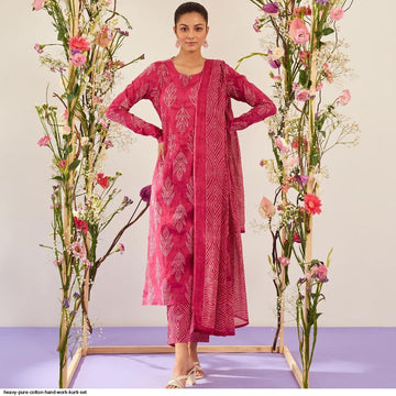 Pink Leaves Print 3-Piece Cotton Kurta Set – Graceful & Trendy