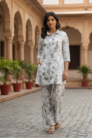 White & Gold Jungle Collared Cotton Lounge Co-Ord Set with 3 button