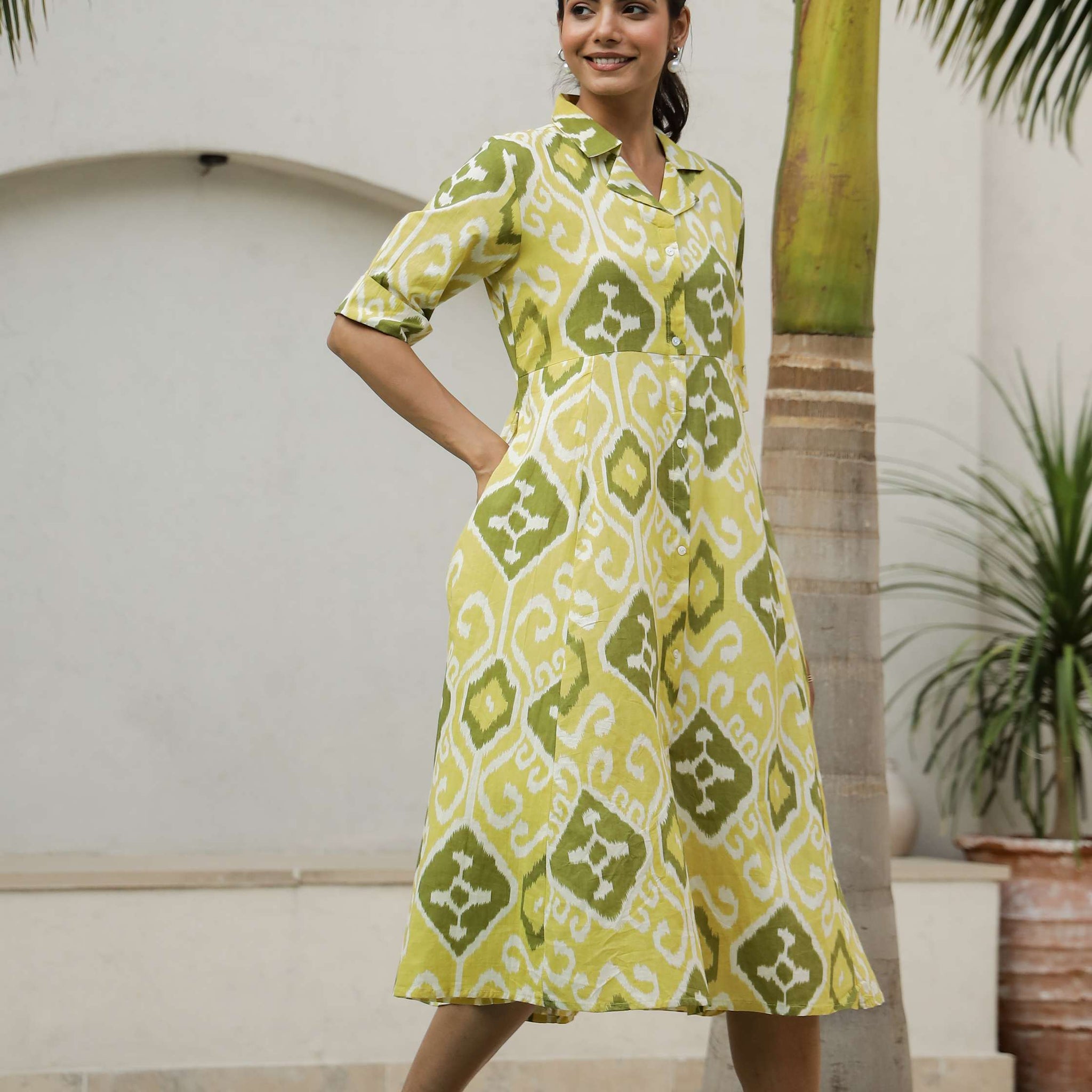 Green & Yellow Ikat Cotton Shirt Dress – Flared Midi