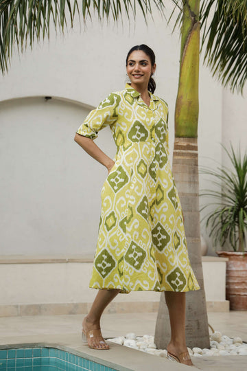 Green & Yellow Ikat Cotton Shirt Dress – Flared Midi