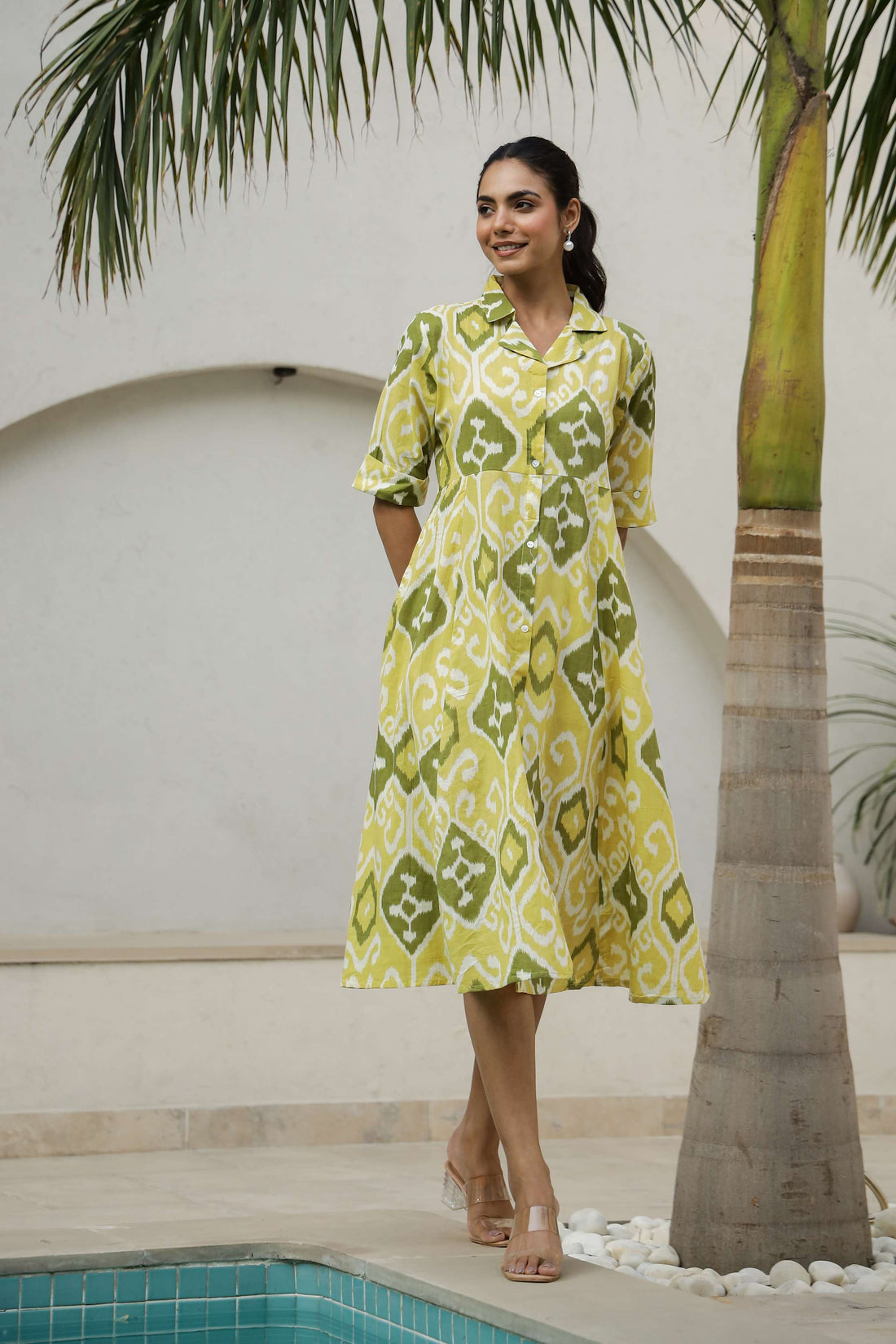 Green & Yellow Ikat Cotton Shirt Dress – Flared Midi