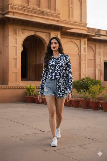 Women's Navy Ikat Boho Shirt - Effortless Style