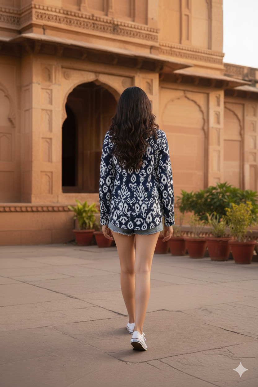 Women's Navy Ikat Boho Shirt - Effortless Style